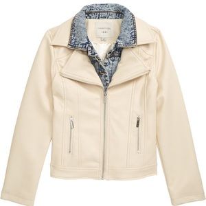 Habitual Girl Size 14 Cream Faux Leather & Denim Layered Jacket Collared NEW NWT